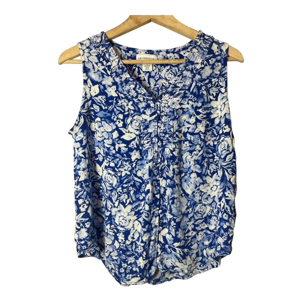 Liz Claiborne Floral Top Blouse Blue White Sleeveless Size Large Button Front